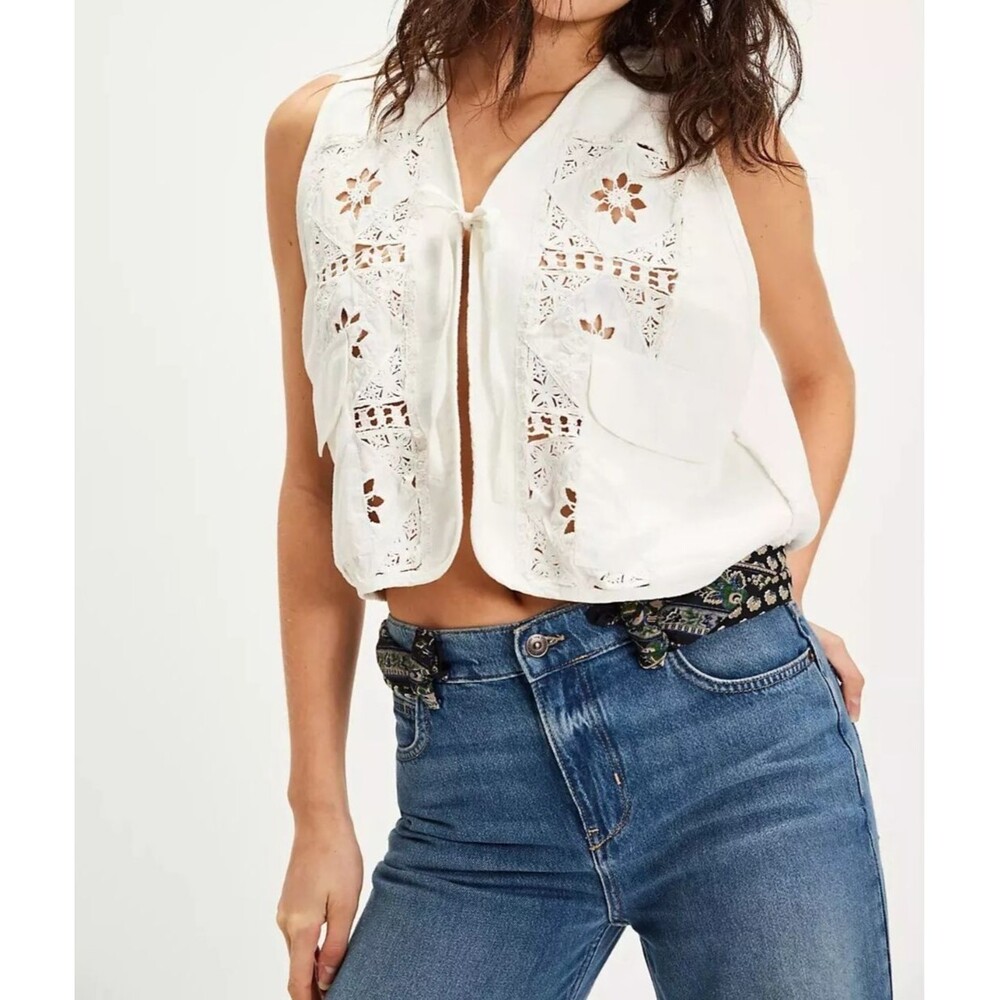 Free People Wonderstruck Vest Blouse Top Floral Crochet Lace Ivory S 286519